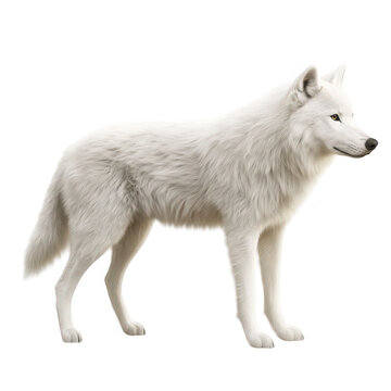 A majestic white wolf stands gracefully against a clean. white background. its thick fur and sharp features. symbolizing beauty and wilderness. perfect for wildlife enthusiasts