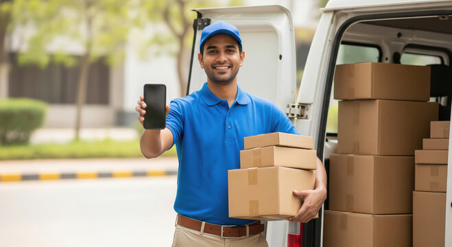 A delivery professional in a blue uniform stands by a van full of boxes, holding a mobile phone and showing parcels