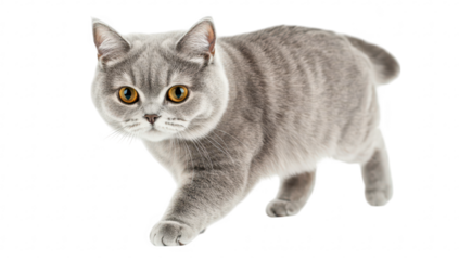 A playful gray cat with striking amber eyes walks gracefully across a bright white background. its soft fur and curious expression. ideal for pet-related content