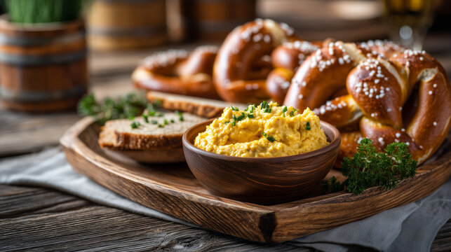 A plate of food with a bowl of obazda and a brezel