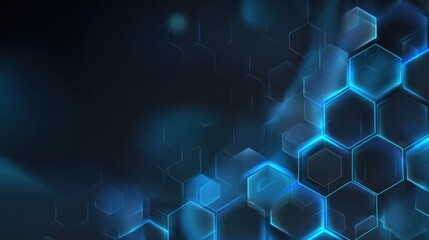 Commercial high-resolution photo of commercial high-resolution photo of abstract dark blue background with glowing blue hexagonal shapes.