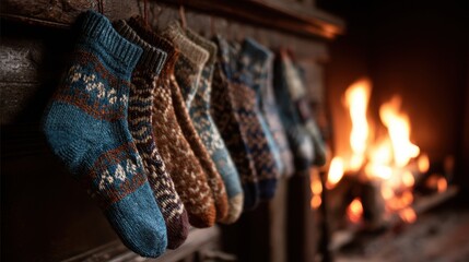 Cozy knitted socks hanging by a warm fireplace