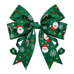 Christmas decorative green ribbon bow with Santa pattern isolated on transparent background