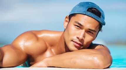 A muscular young man in a blue cap enjoys the serene atmosphere of a swimming pool. He leans back, gazing confidently at the camera, radiating summer vibes