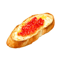 Red caviar appetizer on toasted bread slice watercolor drawing, creating a gourmet snack or elegant breakfast food with seafood delicacy texture, transparent background