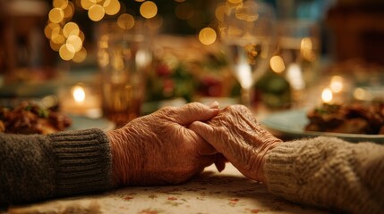 Two elderly hands holding in a warm, loving atmosphere.