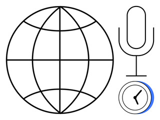Globe with longitude and latitude lines beside a microphone and clock. Ideal for communication, broadcasting, time management, journalism, technology, international relations, simple flat metaphor