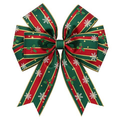 Christmas green and red striped ribbon bow with holly and snowflake pattern isolated on transparent background