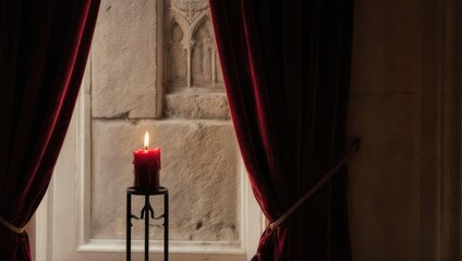 A single red candle burns brightly in a dark room with velvet curtains.