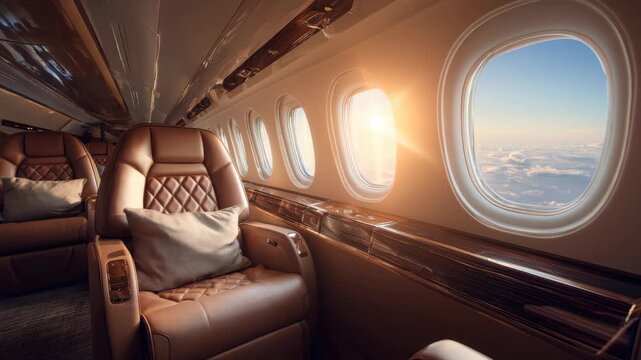 Luxurious private jet interior with sun shining through windows during flight at high altitude