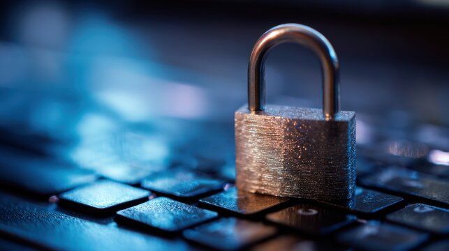 Metal padlock on keyboard. Digital information security concept and data protection. Secure network privacy. Cybersecurity for personal information.