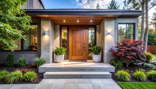 Modern house entrance with wood stone and glass elements framed by structured landscaping and concrete pathway
