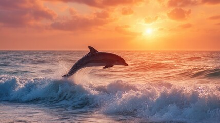 Fototapeta premium Dolphin jumping out of ocean water at sunset. Marine animal acrobatic show. Concept of freedom, wildlife, and natural beauty.