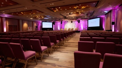 Empty conference room with rows of chairs and stage. Large meeting hall prepared for seminar or presentation event.