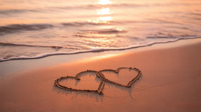 Two hearts drawn in the sand on a beach at sunset with gentle waves washing ashore, symbolizing love and romance