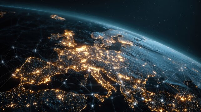 Europe from space at night showing illuminated city lights and a network of white connecting lines. Global communication and internet network concept. - Powered by Adobe