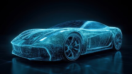 Blue wireframe car design on dark background. Digital vehicle model with glowing lines. Automotive engineering and future technology concept.