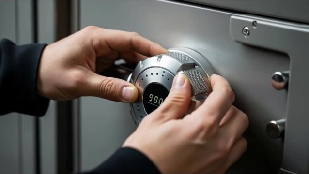 Person adjusting dial on metal safe with focused expression in indoor setting
