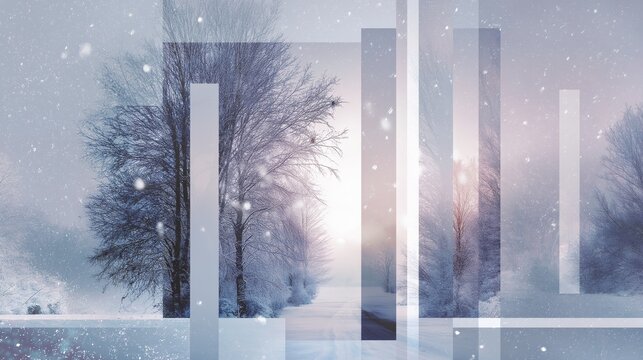 Abstract winter forest with geometric overlay on snowy landscape.
