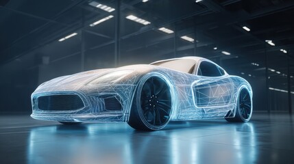 Holographic sports car in a futuristic garage. Automotive design visualization with wireframe model. Advanced computer aided design technology.