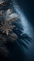 Frosted pine branches with a glittery snowflake ornament and soft winter lighting.