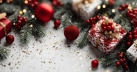 Creative frame made of Christmas fir branches, gift boxes, red decoration, sparkles and confetti on white background. Xmas and New Year holiday, bokeh, light. Flat lay, top view