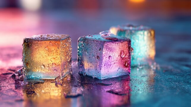 Three colorful ice cubes with water drops melting on a wet surface. Macro shot showcasing coolness and refreshment concept. - Powered by Adobe