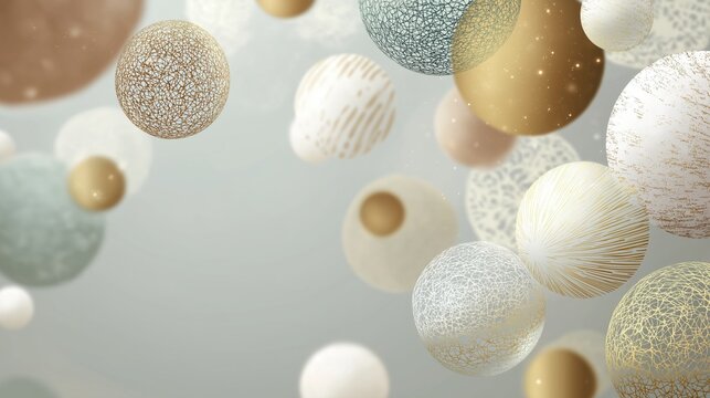 Elegant abstract spheres resembling festive ornaments floating in a soft pastel background.
