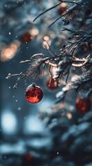Red bauble on snowy pine branch with falling snow and bokeh lights.
