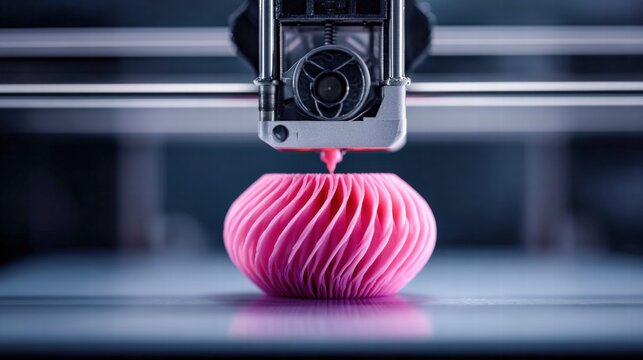 A 3D printer precisely builds a unique, swirling pink object, showcasing cutting-edge technology.