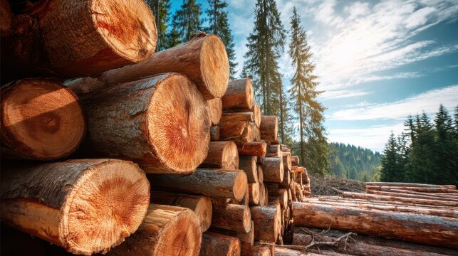 Stack of wood logs near a forest. Lumber industry concept with timber ready for production. Forestry, nature resource woodcut background.