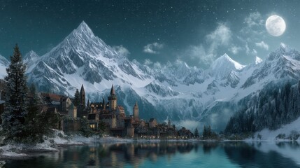 Medieval castle town by alpine lake at night under full moon. Fantasy winter landscape illustration for fairy tale and adventure story.