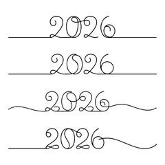 Set of four 2026 year number continuous line art designs. Minimalist and modern graphic for calendars, New Year banners, and invitations.