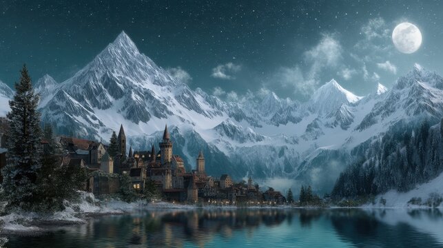Medieval castle town by alpine lake at night under full moon. Fantasy winter landscape illustration for fairy tale and adventure story.