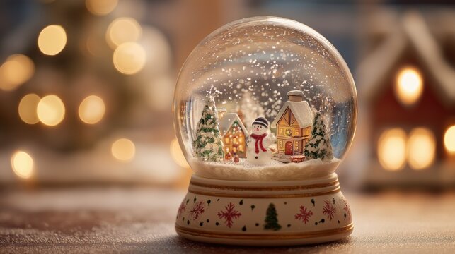 Snow globe with winter village scene and snowman, glowing festive background.