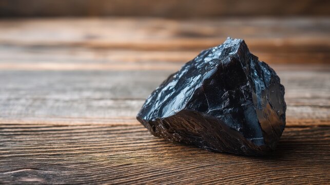 Shiny black natural obsidian stone or coal on a textured wooden table. Mineral rock background for geology and energy concepts.