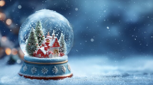 Snow globe with red village and fir trees on blue floral base in snowy setting.