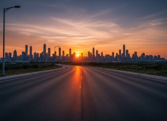 Fototapeta premium Cityscape at Sunset: A Road Leading to the Skyline Bathed in Golden Hour Light and a Beautiful Sunset