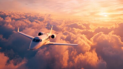 Private jet flying above sunset clouds. Luxury travel and business class transportation. Executive aviation concept for high flyers.
