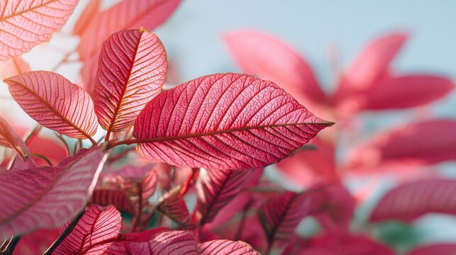Vibrant pink tropical leaves with intricate vein pattern against bright sky. Exotic nature background for desktop wallpaper.