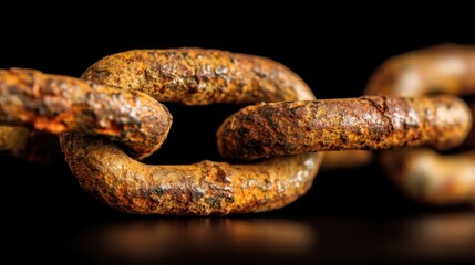 Close up of a rusted metal chain. Old, corroded iron links on a dark background. Industrial decay, strength, connection, and history concept.