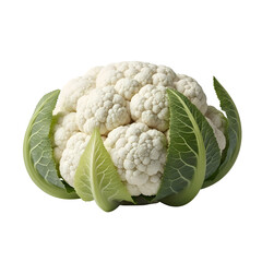 Fresh cauliflower head with green leaves isolated on white background.