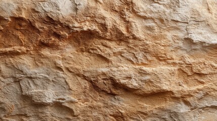 Naklejka premium Rough brown and tan natural stone wall texture. Weathered rock surface close-up. Abstract earthy pattern background for nature or construction design.