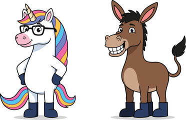 Cartoon unicorn and donkey characters with rainbow mane, glasses, boots and friendly expressions for fun children’s vector illustration design
