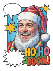 Retro Santa Claus with speech bubbles and festive Ho Ho Boom message for holiday promotions and joyful designs