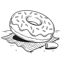Black and white illustration of a donut on a napkin isolated background
