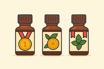 Vector illustration of bottles of olive and essential oils with some fresh ingredients