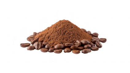 A finely ground mound of coffee powder surrounded by whole coffee beans on a soft. neutral background. ideal for coffee-related products or culinary uses