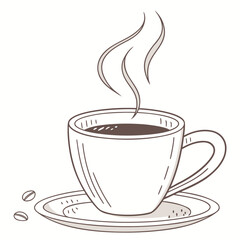 Illustration of a steaming cup of coffee with beans