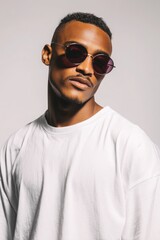 Fototapeta premium a male fashion model wearing sunglasses and a white oversized t-shirt, professional studio photography on a light background.